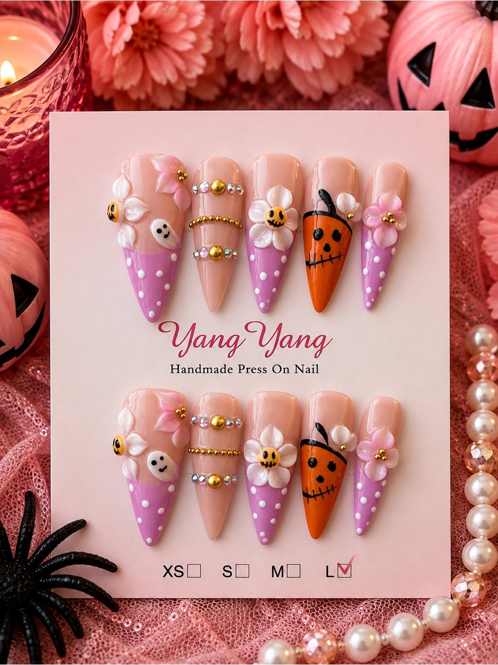 🎃🌸 Girly Pink Halloween Floral & Pumpkin Press-On Nails